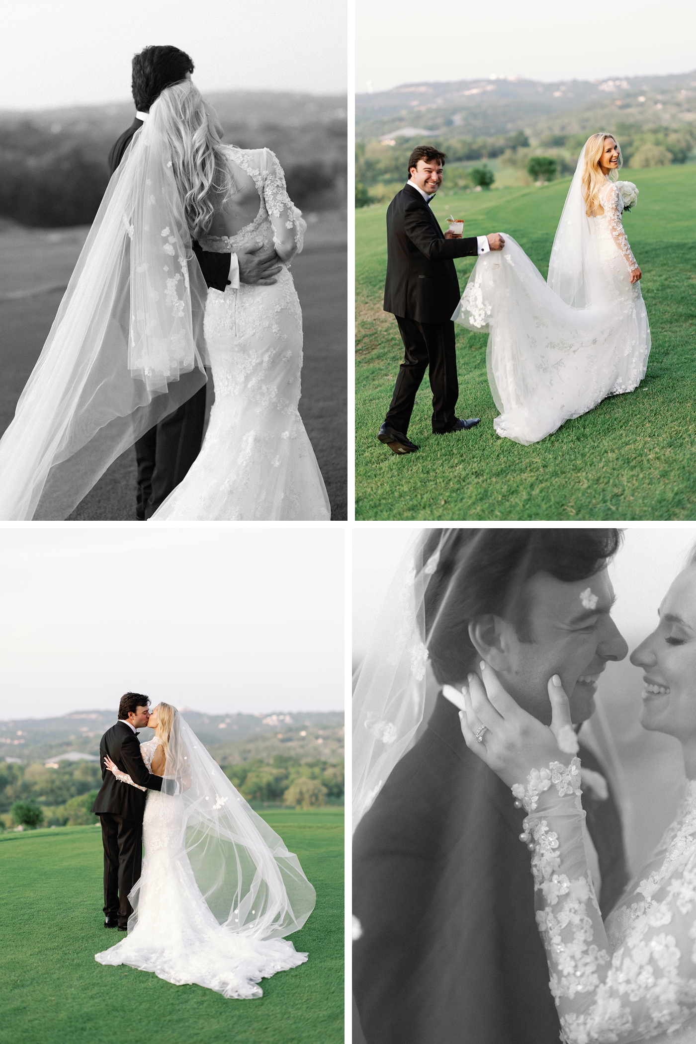 Bride and groom walking together during golden hour portraits overlooking the Texas Hill Country. The bride is in a long sleeve lace gown, holding an all white bouquet, with a lace covered veil. The groom is in a black tuxedo