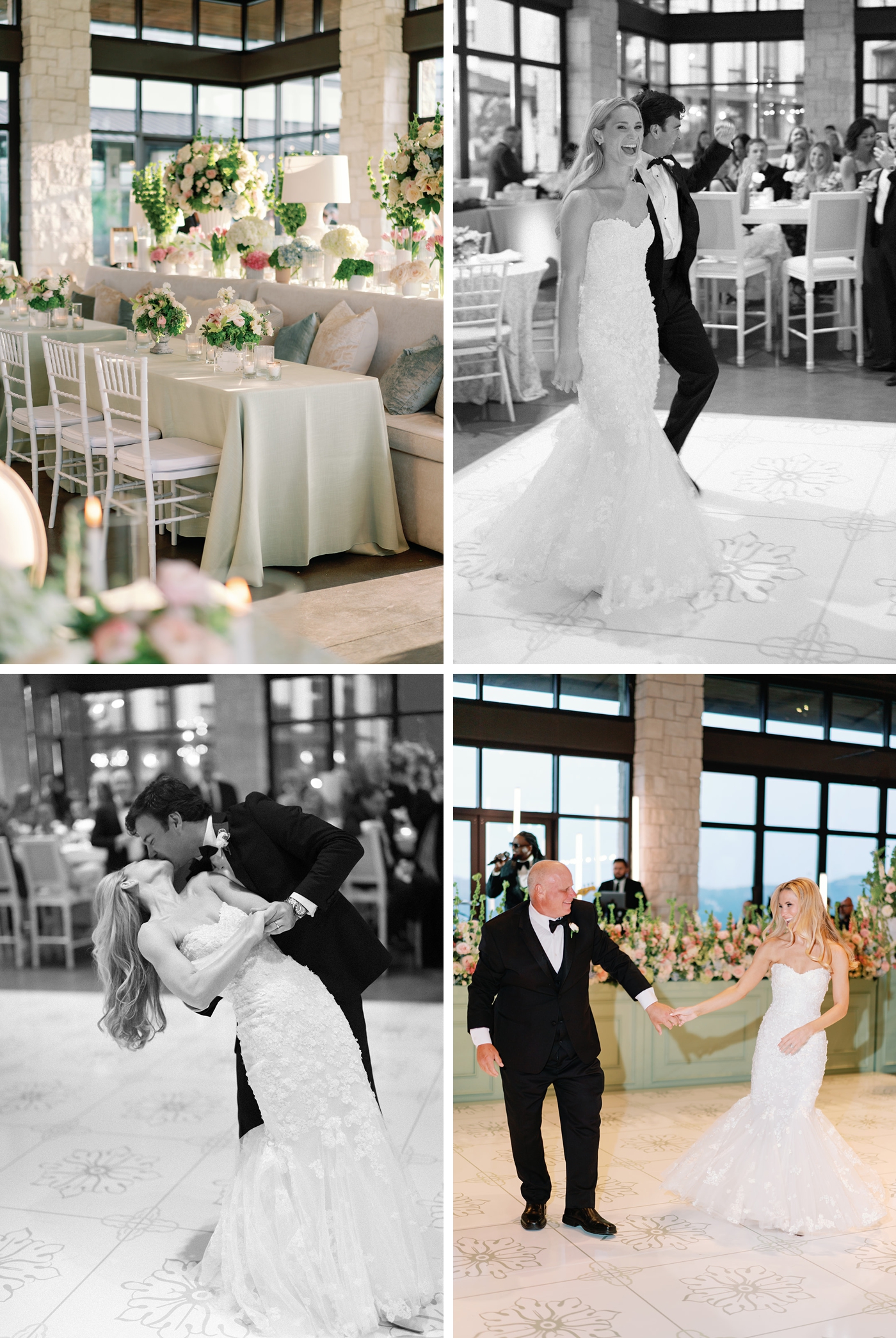 A bride and groom entering their wedding reception, going right into a first dance - the bride is in a long strapless lace gown, the groom in a black tuxedo