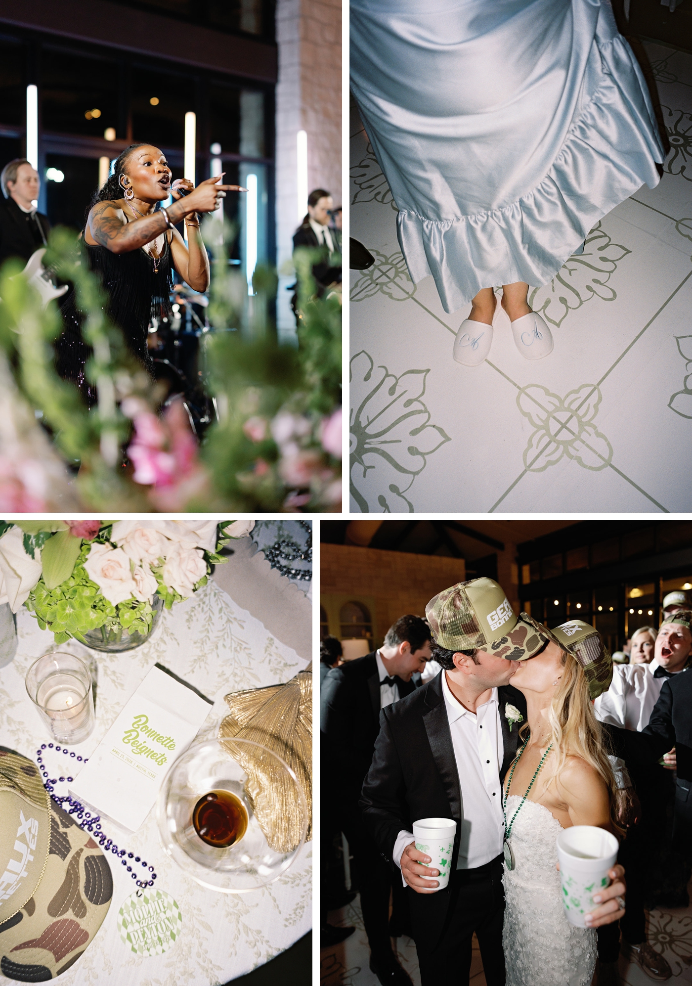 Details of a custom made dance floor for an Austin wedding, with the guests in custom monogrammed slippers