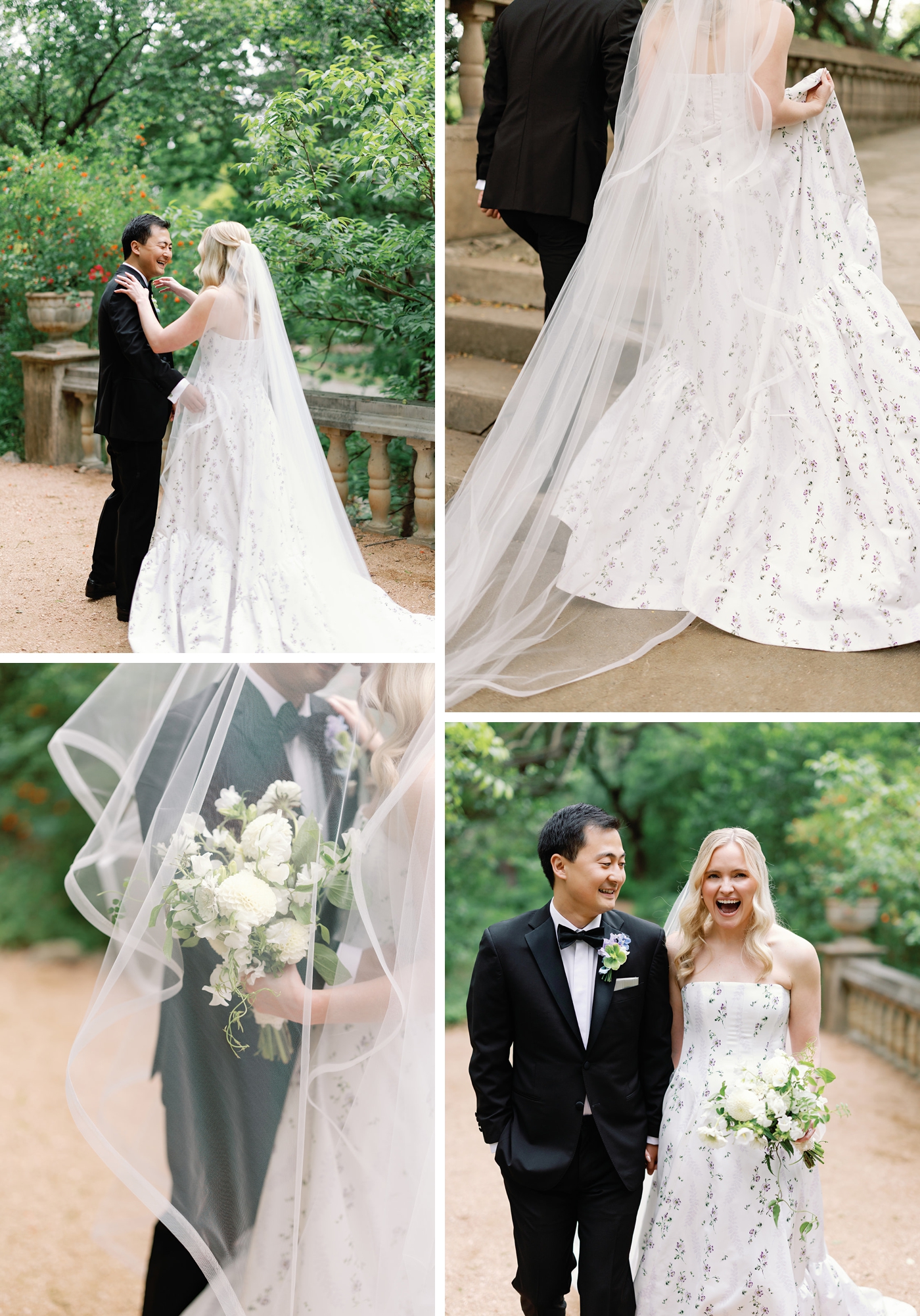 A private first look at Laguna Gloria, with the bride in a floral gown, and horsehair veil