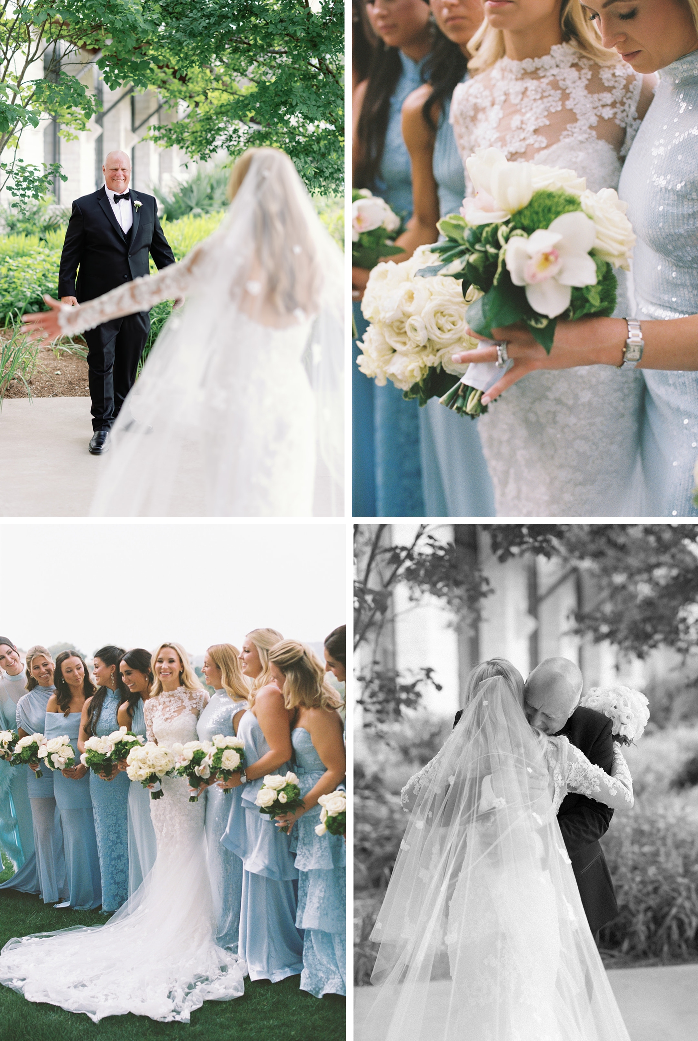 Bride and father first look, next to an image of bridesmaids in blue satin gowns, holding all white bouquets