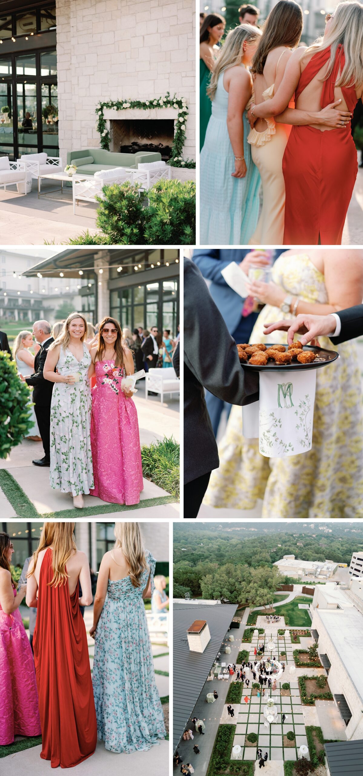 Cocktail on the lawn of Omni Barton Creek, with passed hors d'oeuvre draped with custom monogrammed linens