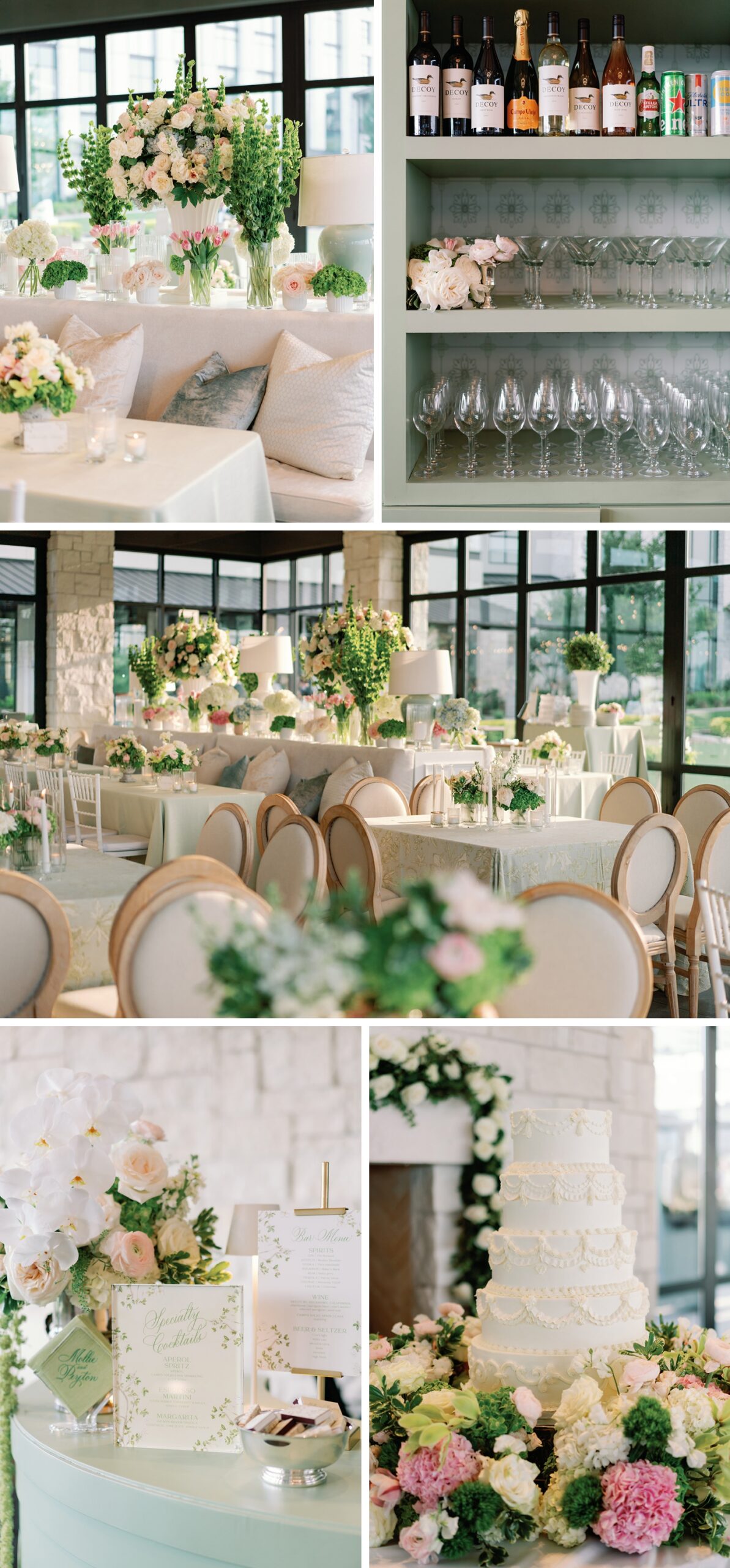 Details of a wedding reception inside the Hill Country Pavilion at Omni Barton Creek Resort, with the floor to ceiling windows behind the mix of long tables, square and round tables, and bench seating with custom pillows. The band stage has a custom sage green floral display