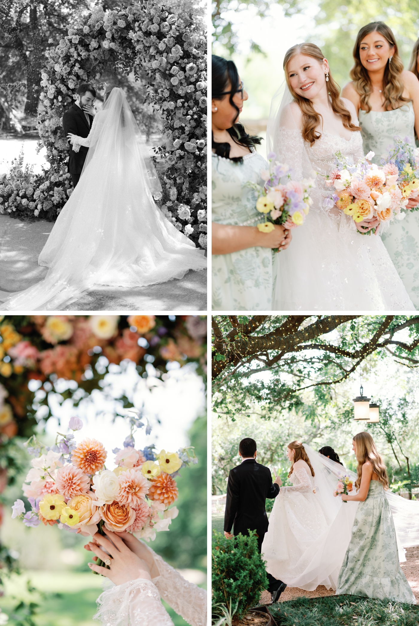 A bride and bridesmaids, holding yellow and peach bouquets, the bridesmaids in sage green floral dresses