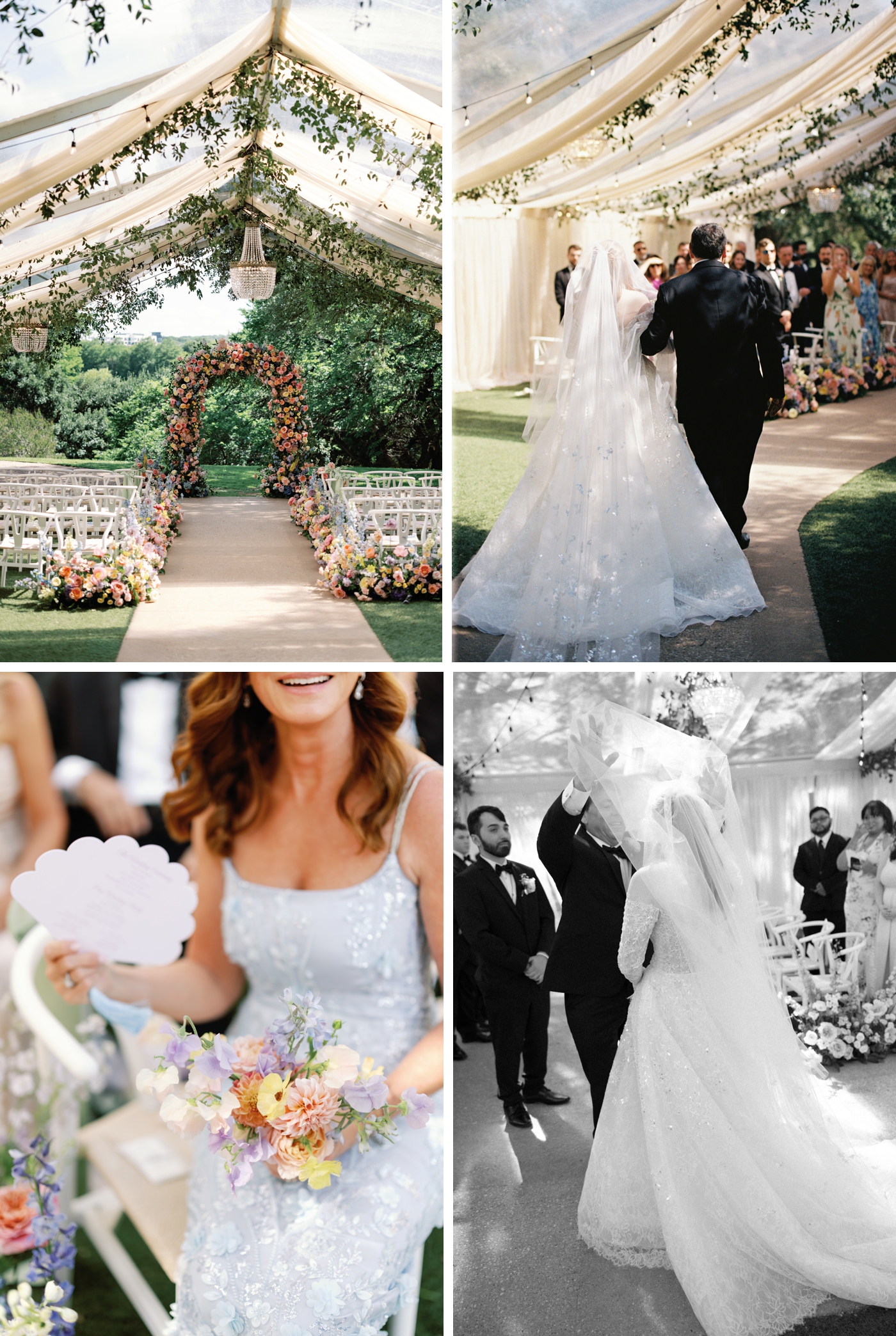 Clear tent wedding ceremony at the Four Seasons Austin with greenery along the ceiling, crystal chandeliers, ground floral arrangements lining the aisle, and a full circular floral arch opening to the Austin treeline