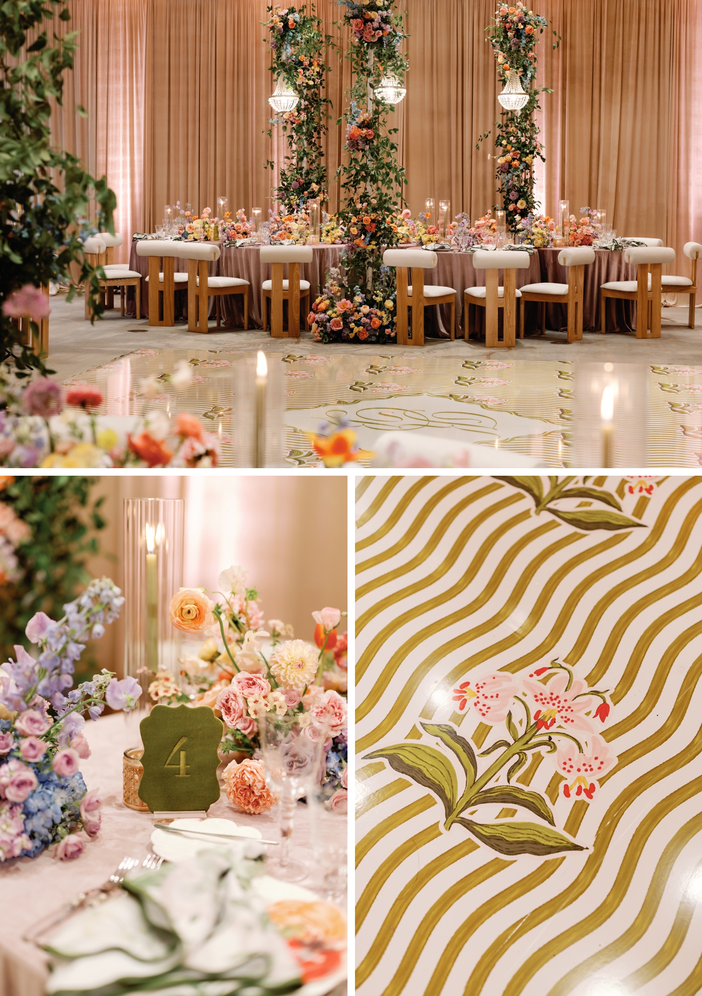 Full reception room at the Four Seasons Austin wedding featuring a custom wavy stripe hand-painted dancefloor with couple's monogram, velvet rose linens, overflowing floral centerpieces, crystal chandeliers, and blush drapery