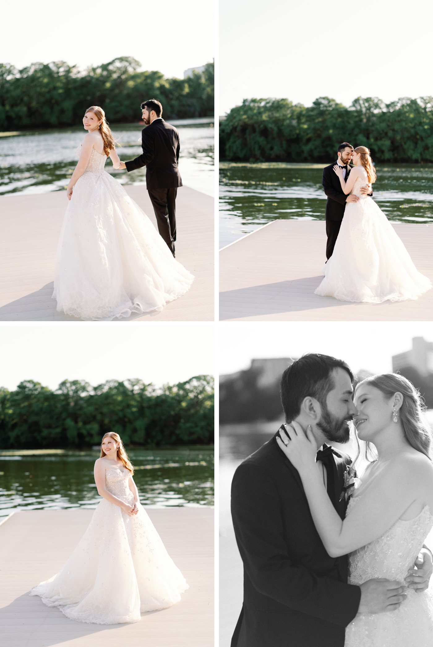 A bride and groom taking sunset portraits at Lady Bird Lake, behind Four Seasons Austin, the bride in a lace ballgown covered in beading, with long sleeves. The groom in a black tuxedo