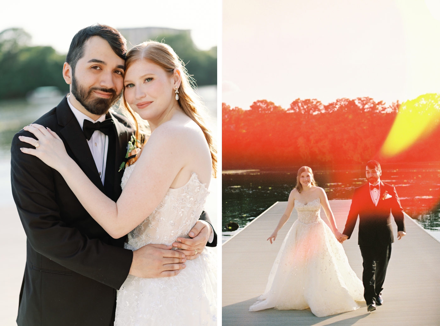 A bride and groom taking sunset portraits at Lady Bird Lake, behind Four Seasons Austin, the bride in a lace ballgown covered in beading, with long sleeves. The groom in a black tuxedo
